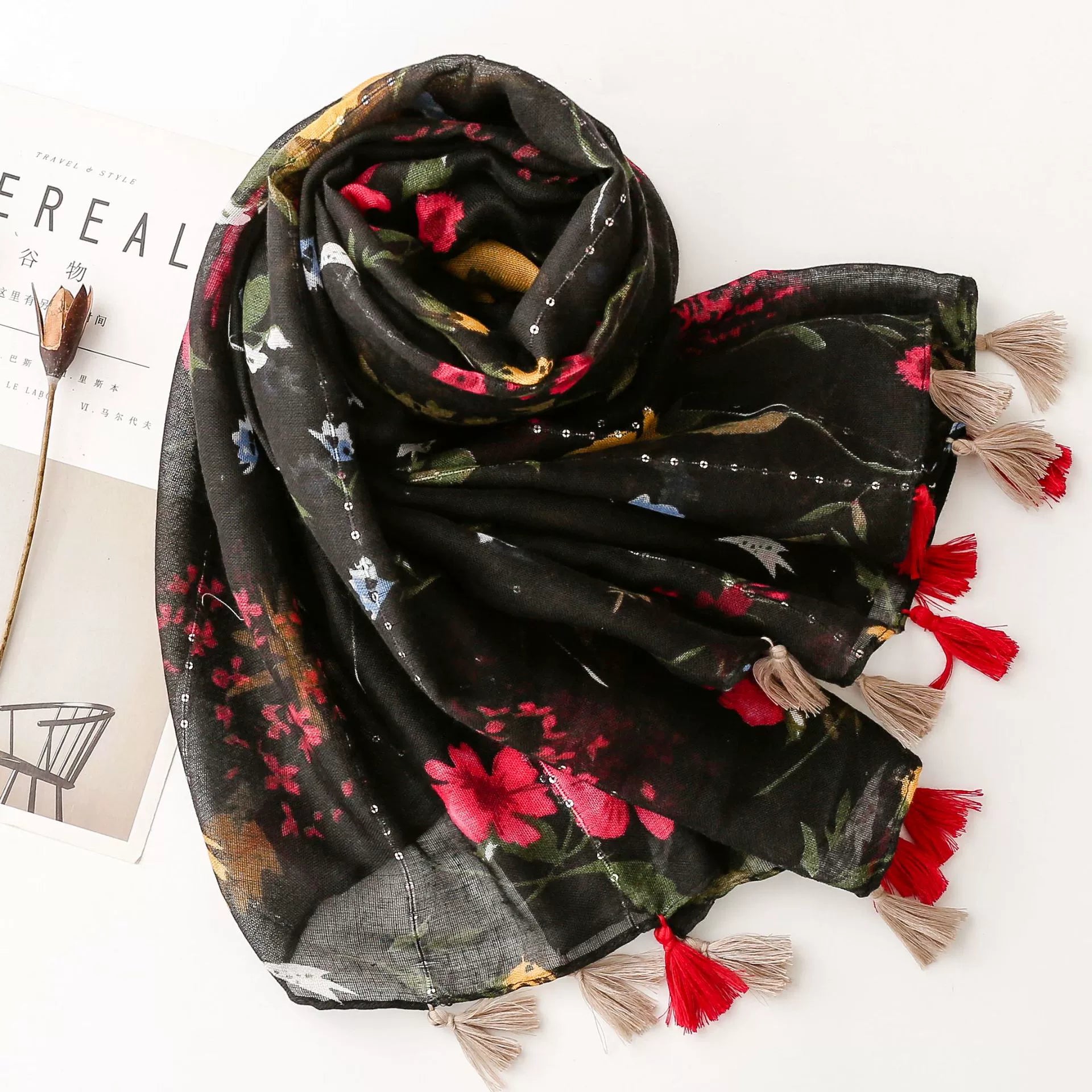 Vintage Ethnic Style Cotton Linen Scarf with Sequins Black Color Flower Handmade Tassel Printed Silk Scarf Shawl