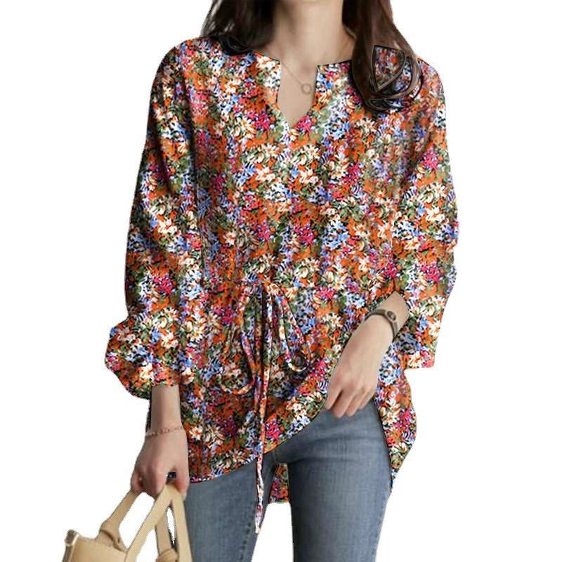 2024 European and American Casual Vacation Tops Autumn Fashion Long-Sleeved V Neck Floral Print Drawstring Waist Loose Top
