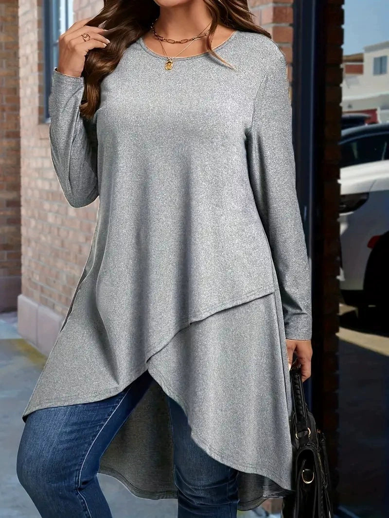 In-Stock Plus-Size 2026 European and American New Style Amazon Asymmetrical Hem Casual Loose Long-Sleeve Solid Color Top