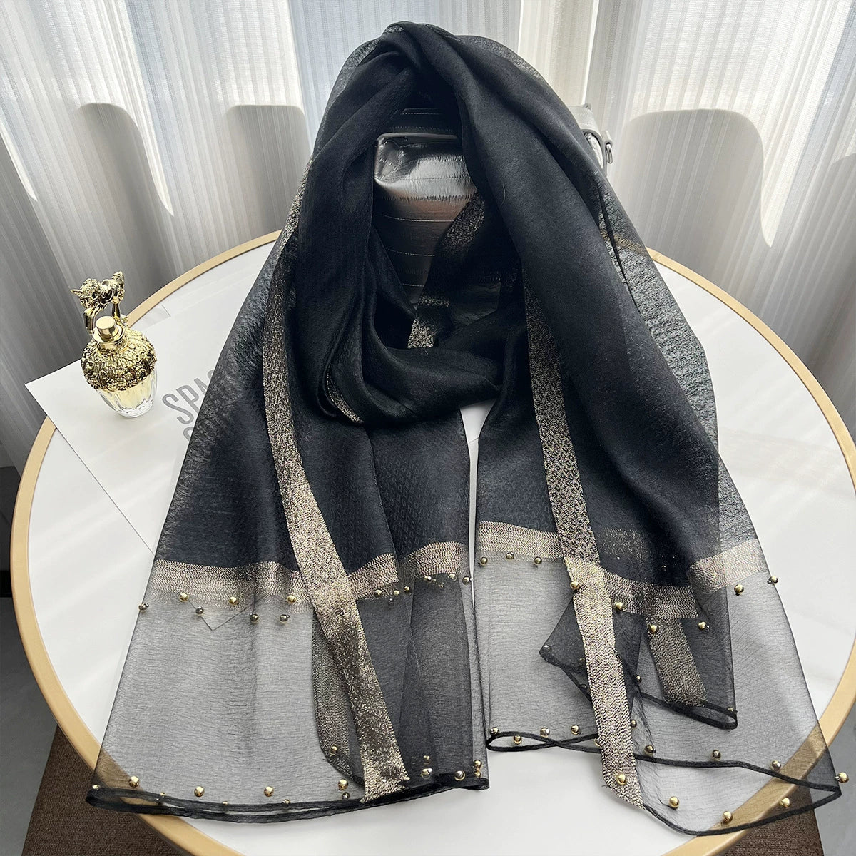 2025 Border Gold Edge Silk Scarf Classic Plaid Beaded Scarf Sunscreen Silk Scarf Gift Box Premium Sense