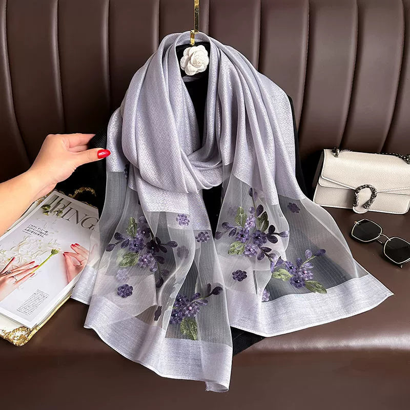 Spring and Autumn New Beaded Imitation Silk Scarf for Women Elegant and Versatile Embroidered Begonia Flower Long Scarf Summer Sunscreen Gauze Scarf