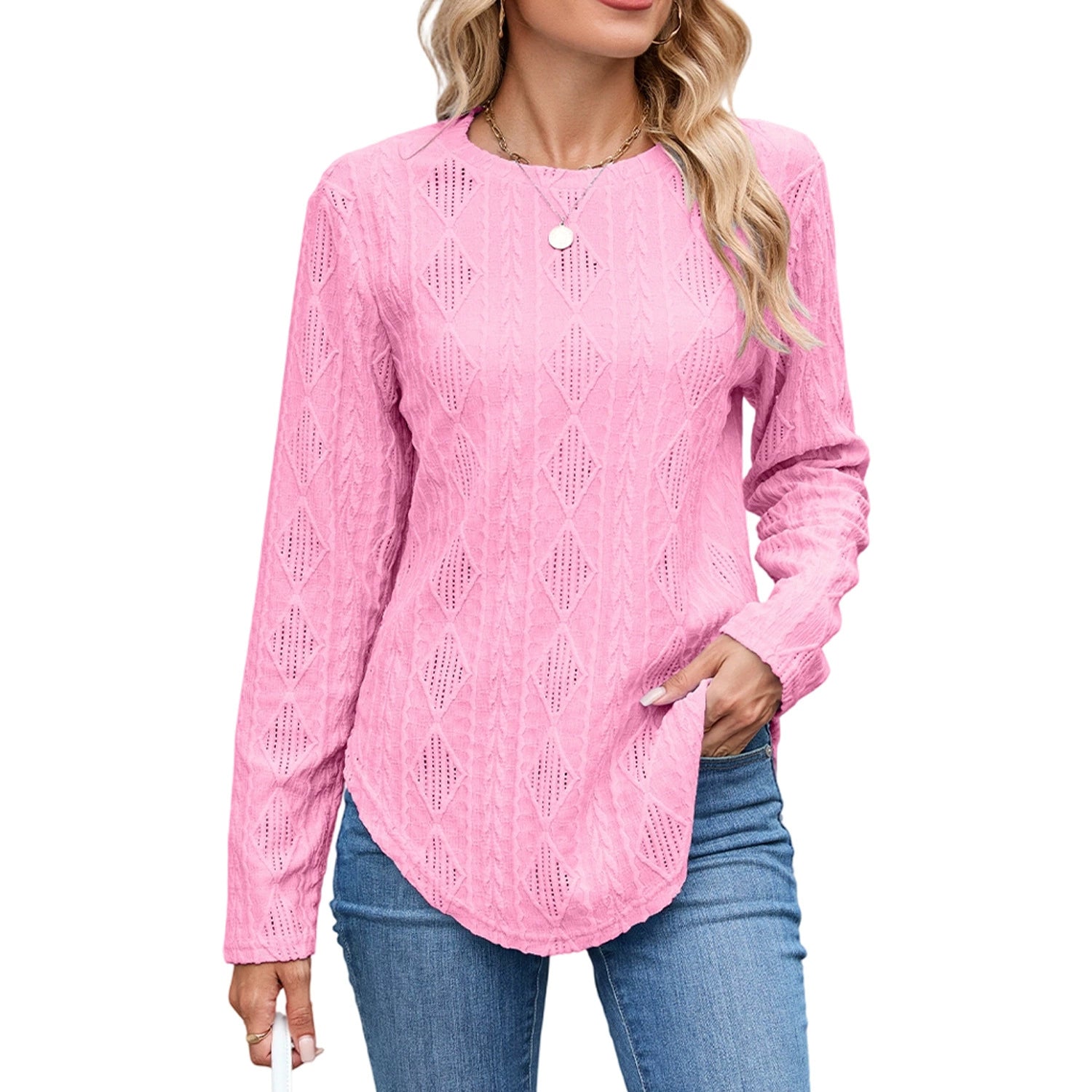 2025 European and American Amazon Autumn and Winter New Casual Round Neck Long-Sleeved Curved Hem T-Shirt Button Cut Out Top for Women