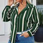 European and American plus size Women's 2025 Spring New V-neck Button Striped Shirt Long Sleeve Blouse