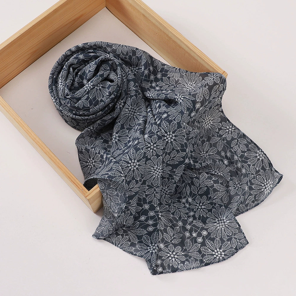 New Malaysian Pearl Chiffon Silk Scarf Rose Print Hijab Hui Turban Gauze Scarf Wholesale
