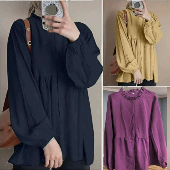 Women's loose solid color lantern sleeve cardigan ruffled round neck solid color all-match top