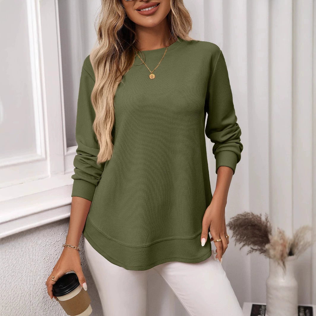 Women's Autumn and Winter New Loose Waffle Casual Versatile T-Shirt Knitted Long Sleeves