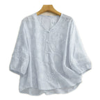 The Wind Blows Past the Half-Moon V-Neck Pearl Button Breathable Comfortable Slimming Hollow-Out 2025 New Stylish Embroidered Floral Blouse