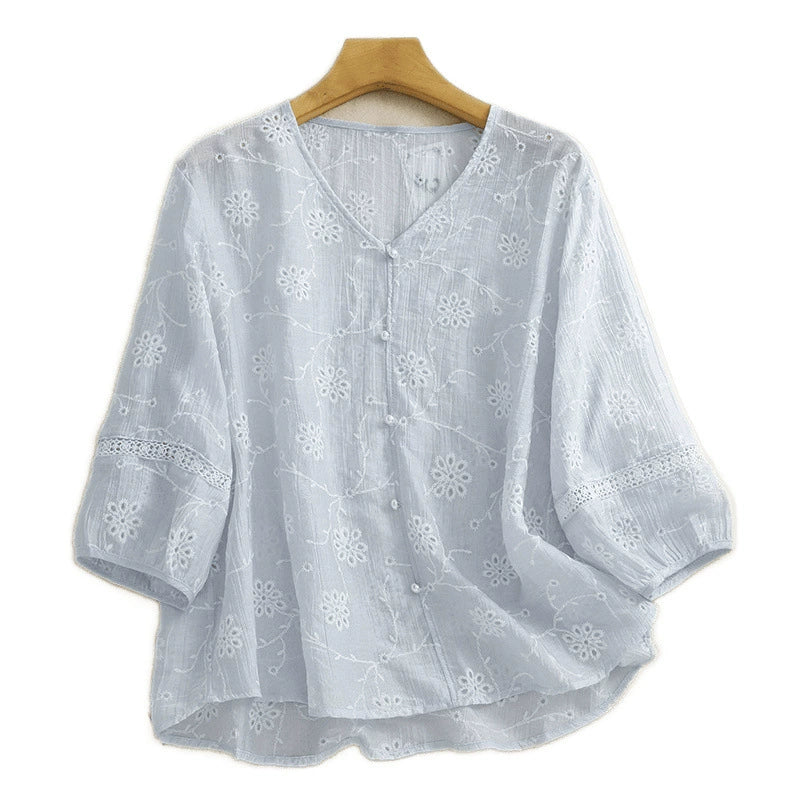 The Wind Blows Past the Half-Moon V-Neck Pearl Button Breathable Comfortable Slimming Hollow-Out 2025 New Stylish Embroidered Floral Blouse