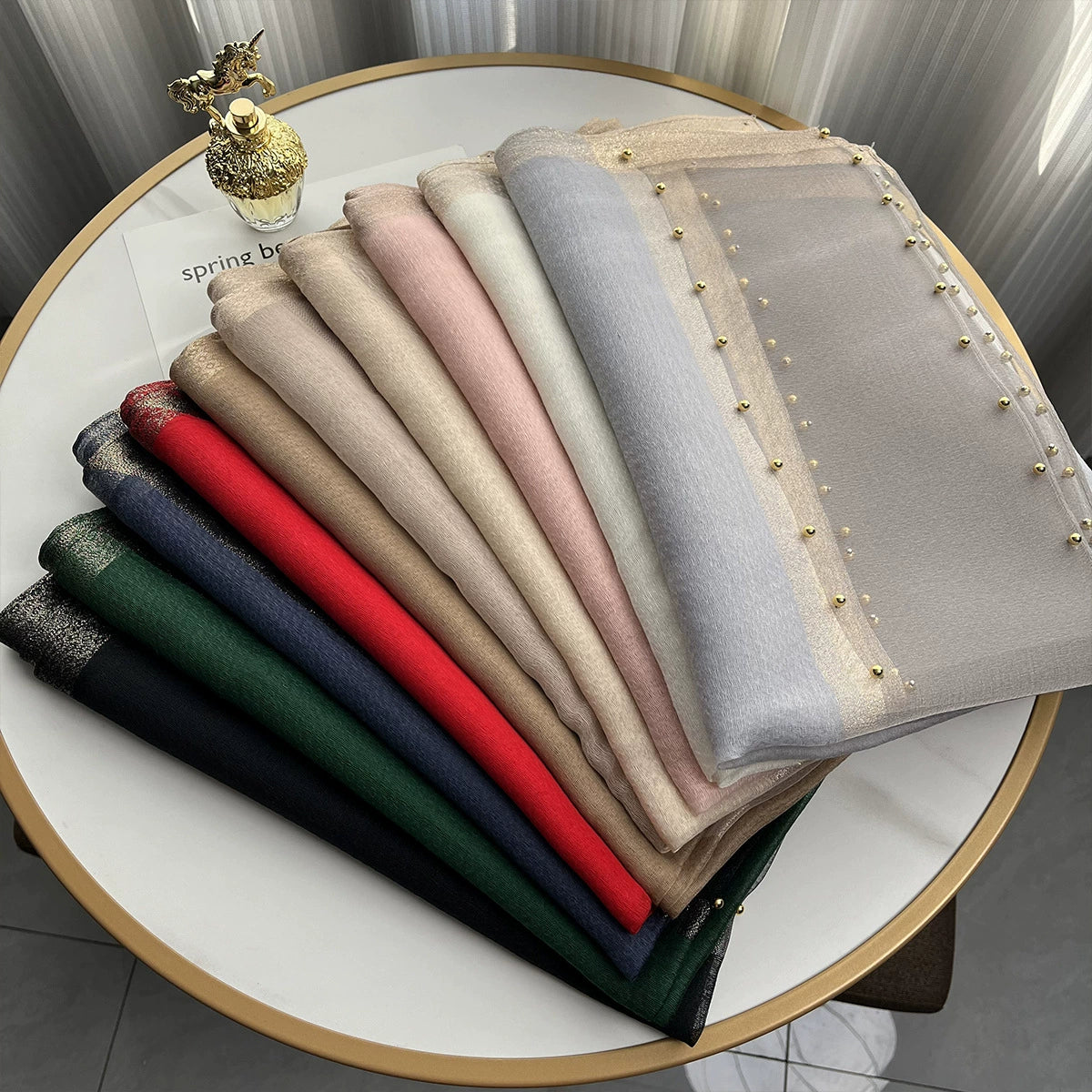 2025 Border Gold Edge Silk Scarf Classic Plaid Beaded Scarf Sunscreen Silk Scarf Gift Box Premium Sense