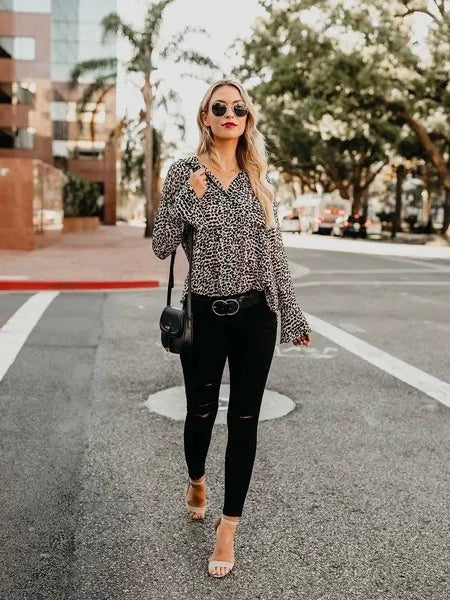 European and American cross-border new women's V-neck leopard print front pocket back pleated button long sleeve fashion casual shirt