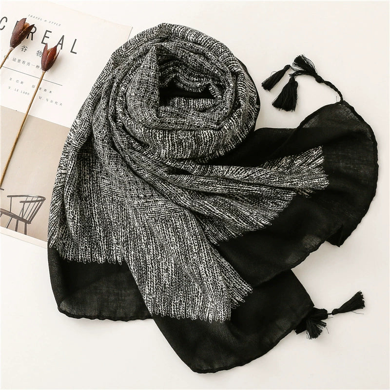 Japanese and Korean fashion cotton and linen scarf Spring and Autumn Abstract hand-painted lines printed tassel scarf long warm large shawl thin