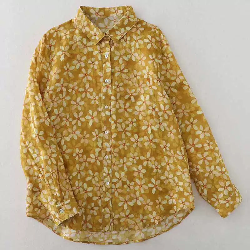 Real Shot Cotton Linen Linen Floral Shirt Joker Good Quality Autumn New Artistic 2024 French Yellow Printed Shirt