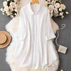 【】2024 Cross-Border New Product Amazon Chiffon Shirt with Five-Quarter Sleeves, Loose Button-Down Mid-Length Shirt with Seven-Quarter Sleeves