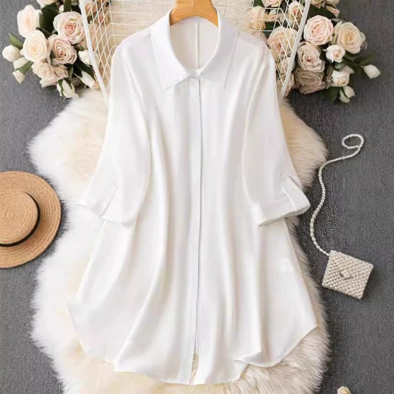 【】2024 Cross-Border New Product Amazon Chiffon Shirt with Five-Quarter Sleeves, Loose Button-Down Mid-Length Shirt with Seven-Quarter Sleeves
