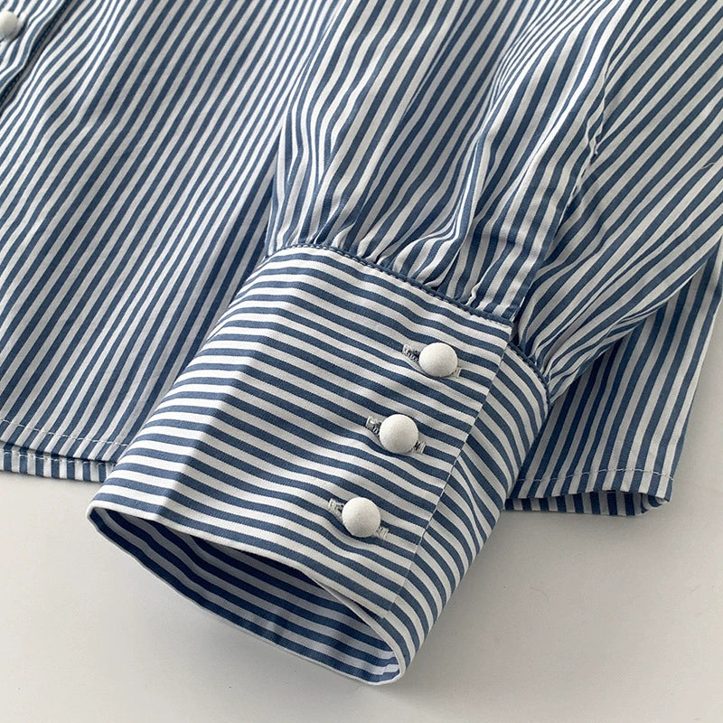 Real shot in stock striped shirt cotton stitching 2025 spring all-match French cotton white-collar shirt for women