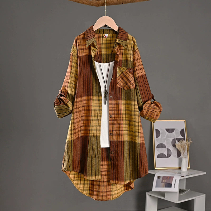 New Cotton and Linen Tops, Retro Spring and Autumn Plaid Shirts for Women, Long Style with Short Front and Long Back Design, Sun Protection Shirts