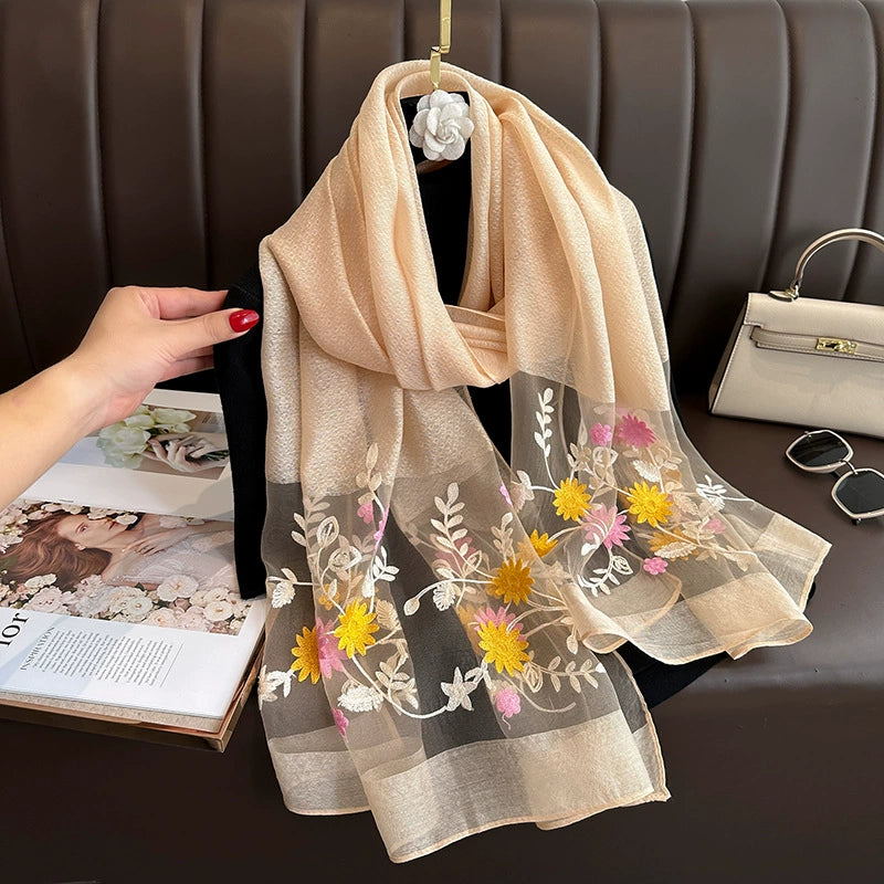 Spring and Autumn New Beaded Imitation Silk Scarf for Women Elegant and Versatile Embroidered Begonia Flower Long Scarf Summer Sunscreen Gauze Scarf