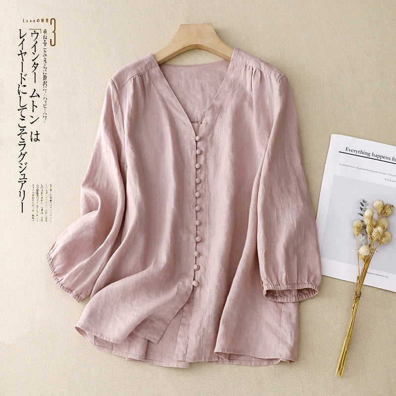 Real Shot of 2025 Summer Versatile Slimming Look Shirt Top Design Niche Women's Linen Unique and Chic Shirt