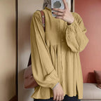 Women's loose solid color lantern sleeve cardigan ruffled round neck solid color all-match top