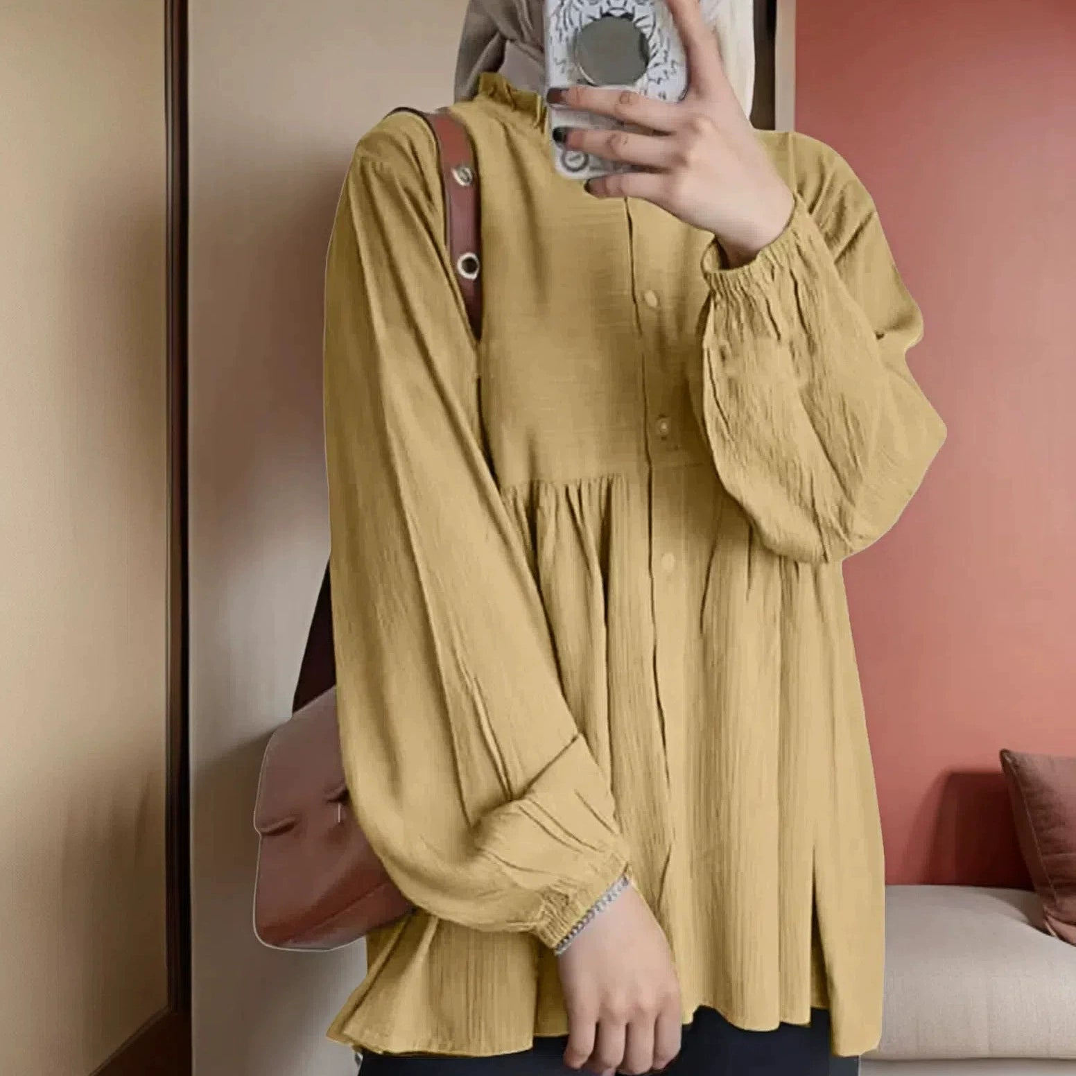 Women's loose solid color lantern sleeve cardigan ruffled round neck solid color all-match top