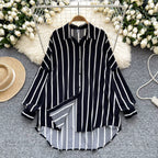 Women's Long-Sleeved Striped Shirt, New Autumn Style, European and American Style, Casual, Versatile, Loose Fit, Slimming, Mid-Length, Plus Size Shirt, Trendy