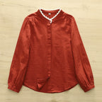 Spring Cotton Long-sleeved Shirt with Ledge Collar for Women Japanese Mori Style Simple Single-breasted Solid Color Comfortable All-match Top