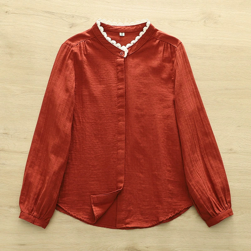 Spring Cotton Long-sleeved Shirt with Ledge Collar for Women Japanese Mori Style Simple Single-breasted Solid Color Comfortable All-match Top