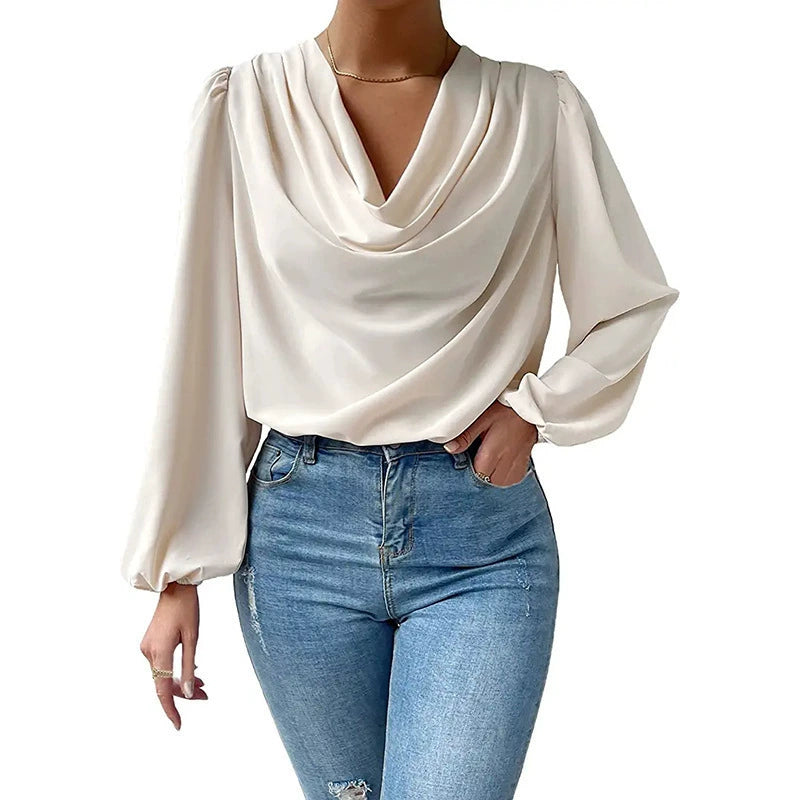 2025 Cross-Border Wish New European and American Summer Chiffon Long-Sleeved Shirt Loose Draped V-Neck Top T-Shirt Women's Clothing