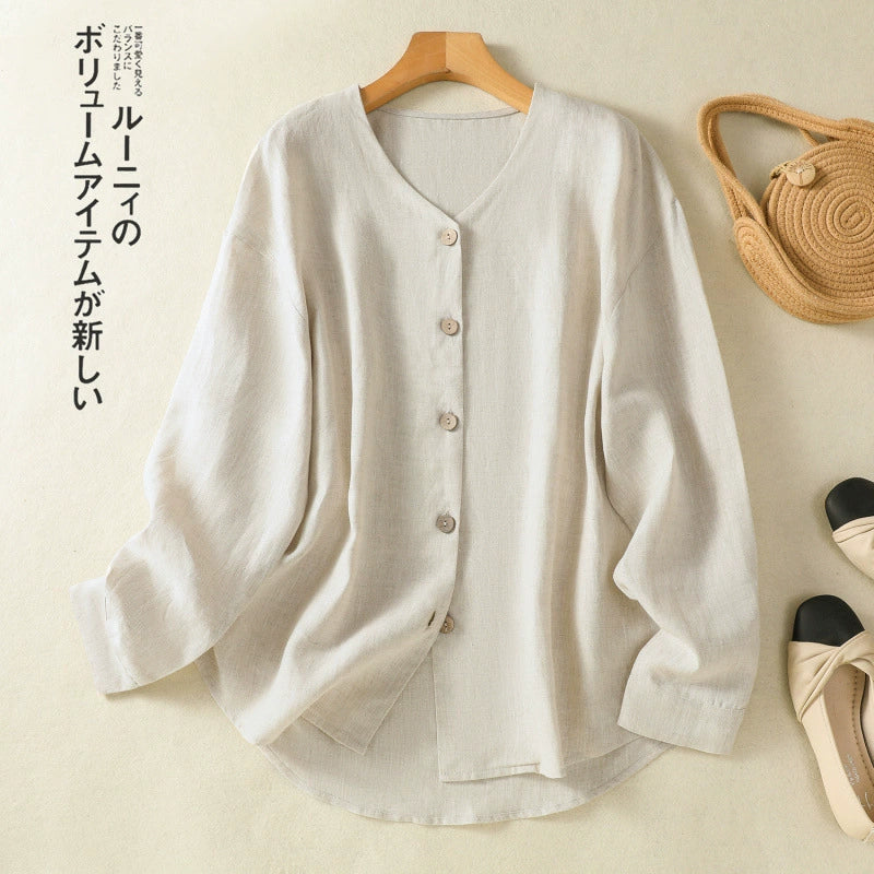 Real shot 2025 Spring New Artistic Loose Solid Color V-neck Long Sleeve Shirt Women's Shirt Top #5859