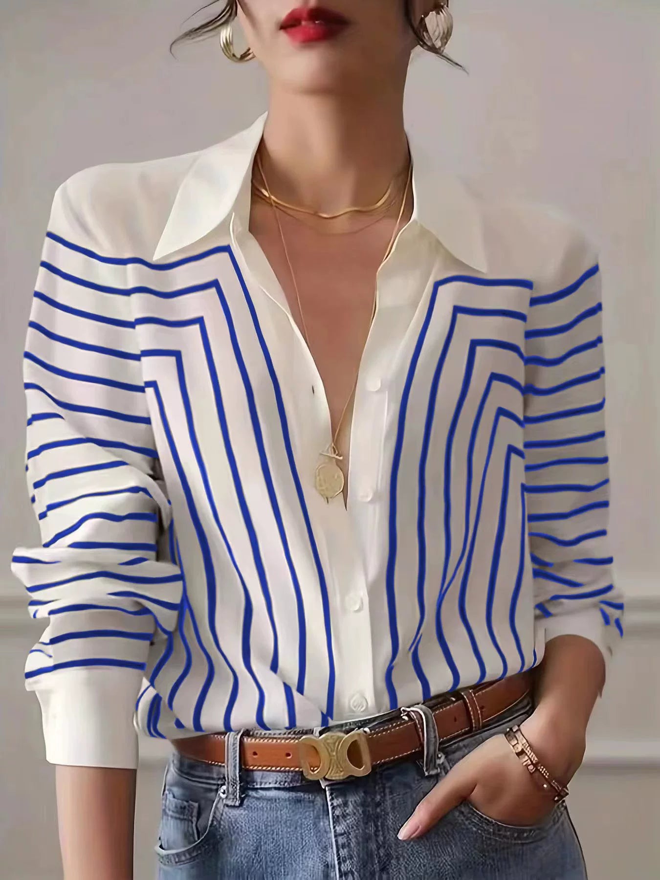 Autumn 2025 Striped Shirt Women's Long-sleeved Loose High-end Elegant Slim-fit Crepe de Chine Silk Top Women's Shirt