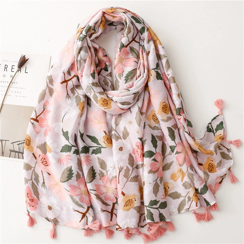 Summer Holiday Sunscreen Scarf Bohemian Pink Flower Scarf Large Shawl Travel Seaside Beach Towel Women