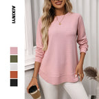 Women's Autumn and Winter New Loose Waffle Casual Versatile T-Shirt Knitted Long Sleeves