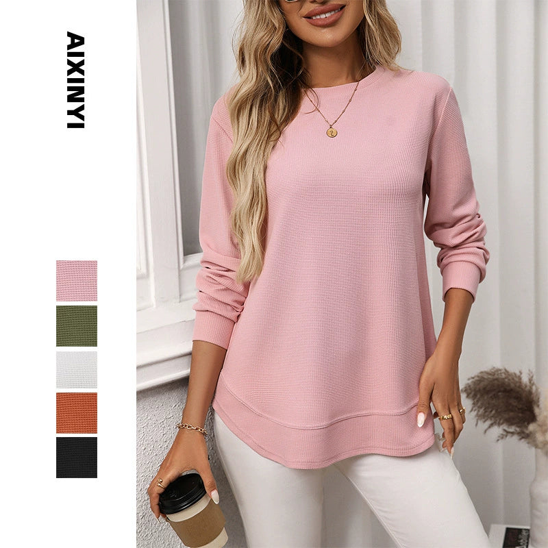 Women's Autumn and Winter New Loose Waffle Casual Versatile T-Shirt Knitted Long Sleeves