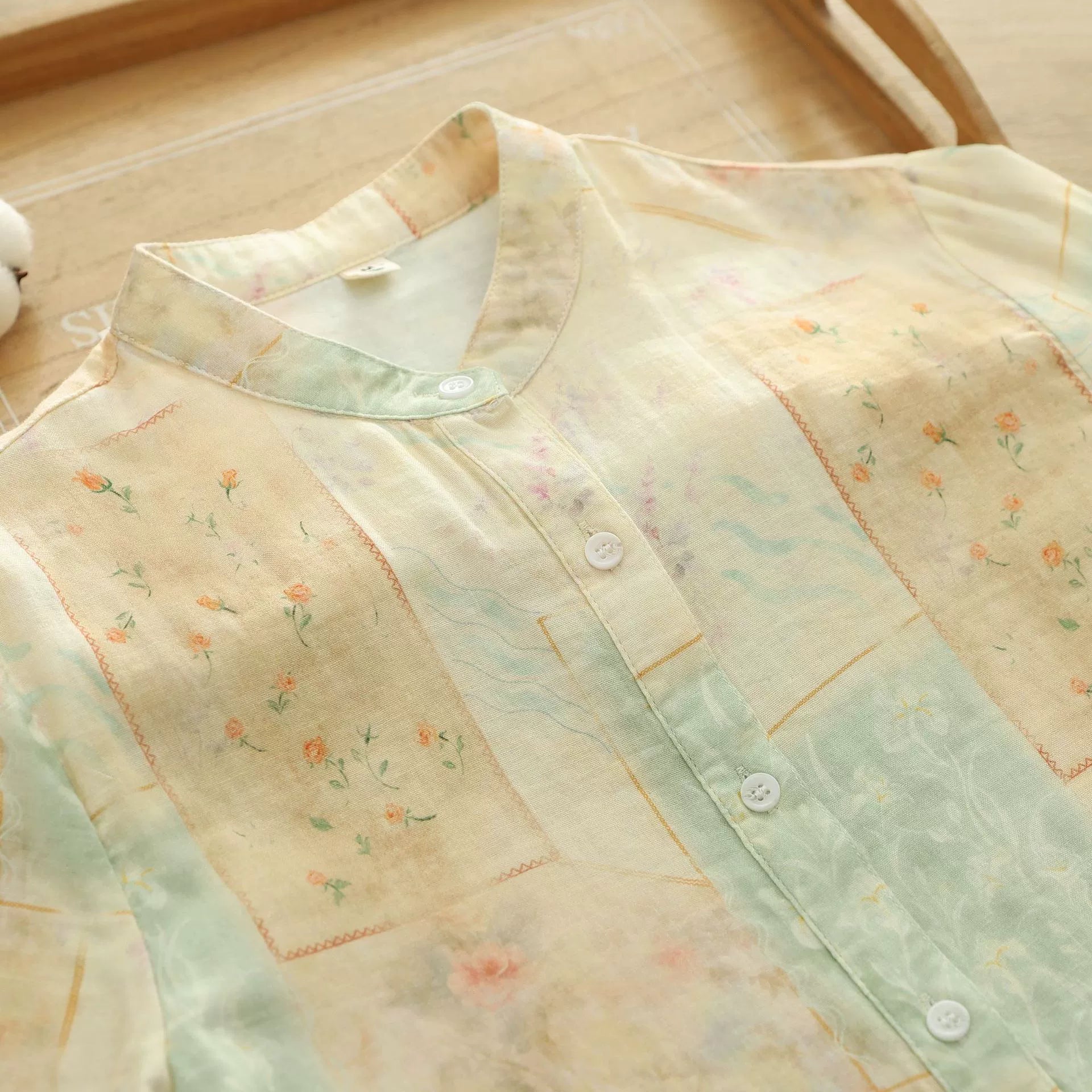 2025 Autumn Korean Style Irregular Printed Shirt Women's Loose and Easiest for Match Double-Layer Cotton Yarn Floral Shirt French Shirt
