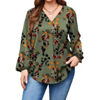 2024 autumn and winter new European and American cross-border V-neck casual printing plant printing lantern sleeve long sleeve shirt