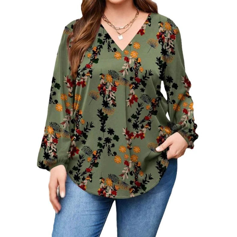 2024 autumn and winter new European and American cross-border V-neck casual printing plant printing lantern sleeve long sleeve shirt