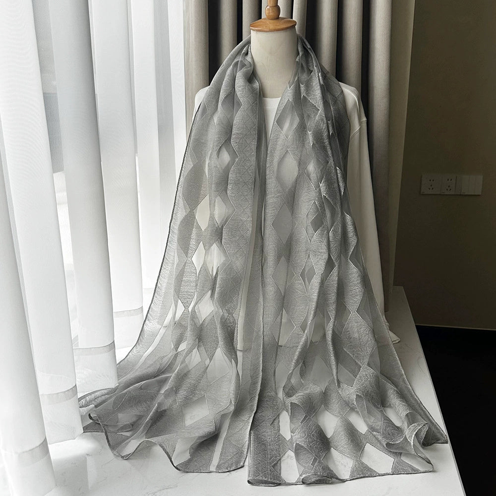 Foreign Trade Cut Flower Scarf for Women, Korean Style Rhombus Imitation Silk Sunscreen Scarf, Thin Women's Headscarf