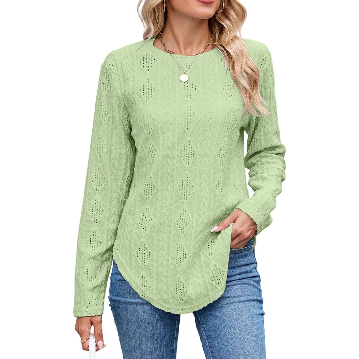 2025 European and American Amazon Autumn and Winter New Casual Round Neck Long-Sleeved Curved Hem T-Shirt Button Cut Out Top for Women