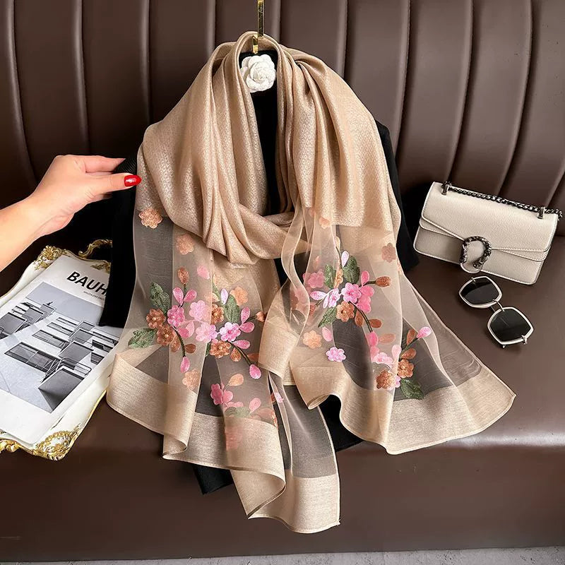 Spring and Autumn New Beaded Imitation Silk Scarf for Women Elegant and Versatile Embroidered Begonia Flower Long Scarf Summer Sunscreen Gauze Scarf