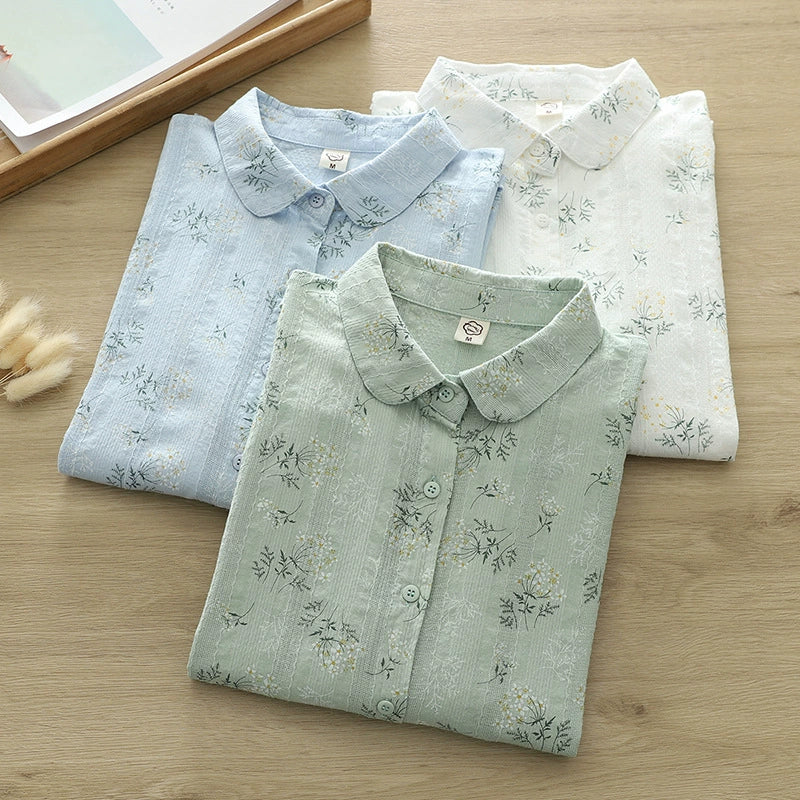 2025 Spring and Autumn New Fresh Style Floral Print Cotton Shirt Women's Long Sleeve Lapel Commuter Printed Shirt Top