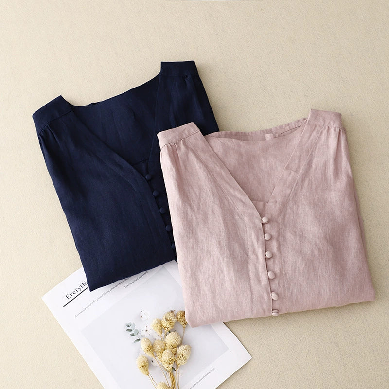 Real Shot of 2025 Summer Versatile Slimming Look Shirt Top Design Niche Women's Linen Unique and Chic Shirt