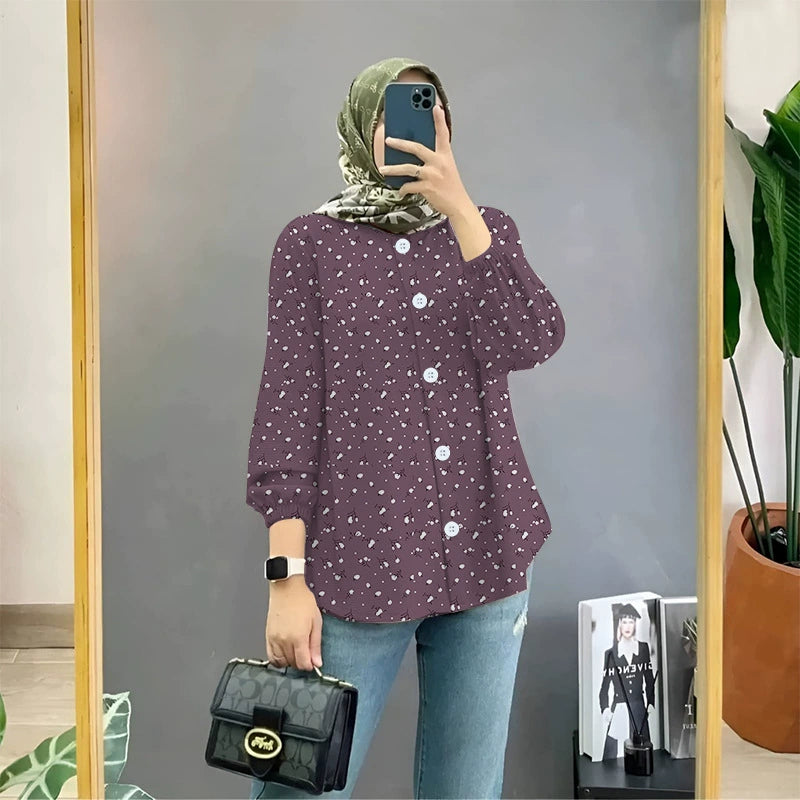 Cross-border Muslim floral print shirt artistic retro cardigan loose top women's drape shirt Women