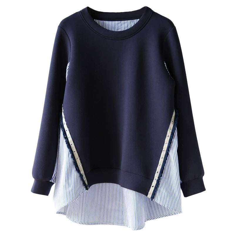 Foreign Trade Women's Clothing Japan and South Korea Spring and Autumn New Long Sleeve Top Air Cotton Round Neck Striped Stitching Shirt Pullover Sweat