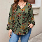 2024 autumn and winter new European and American cross-border V-neck casual printing plant printing lantern sleeve long sleeve shirt