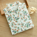 Double-Layer Cotton Gauze Stand-Up Collar Shirt for Women, Long-Sleeved, Retro Literary Style, Soft and Skin-Friendly, Pure Cotton, Unique French Floral Top