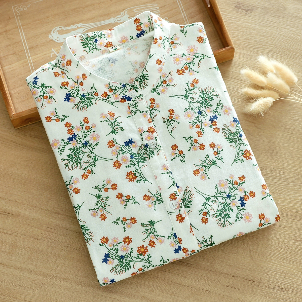 Double-Layer Cotton Gauze Stand-Up Collar Shirt for Women, Long-Sleeved, Retro Literary Style, Soft and Skin-Friendly, Pure Cotton, Unique French Floral Top