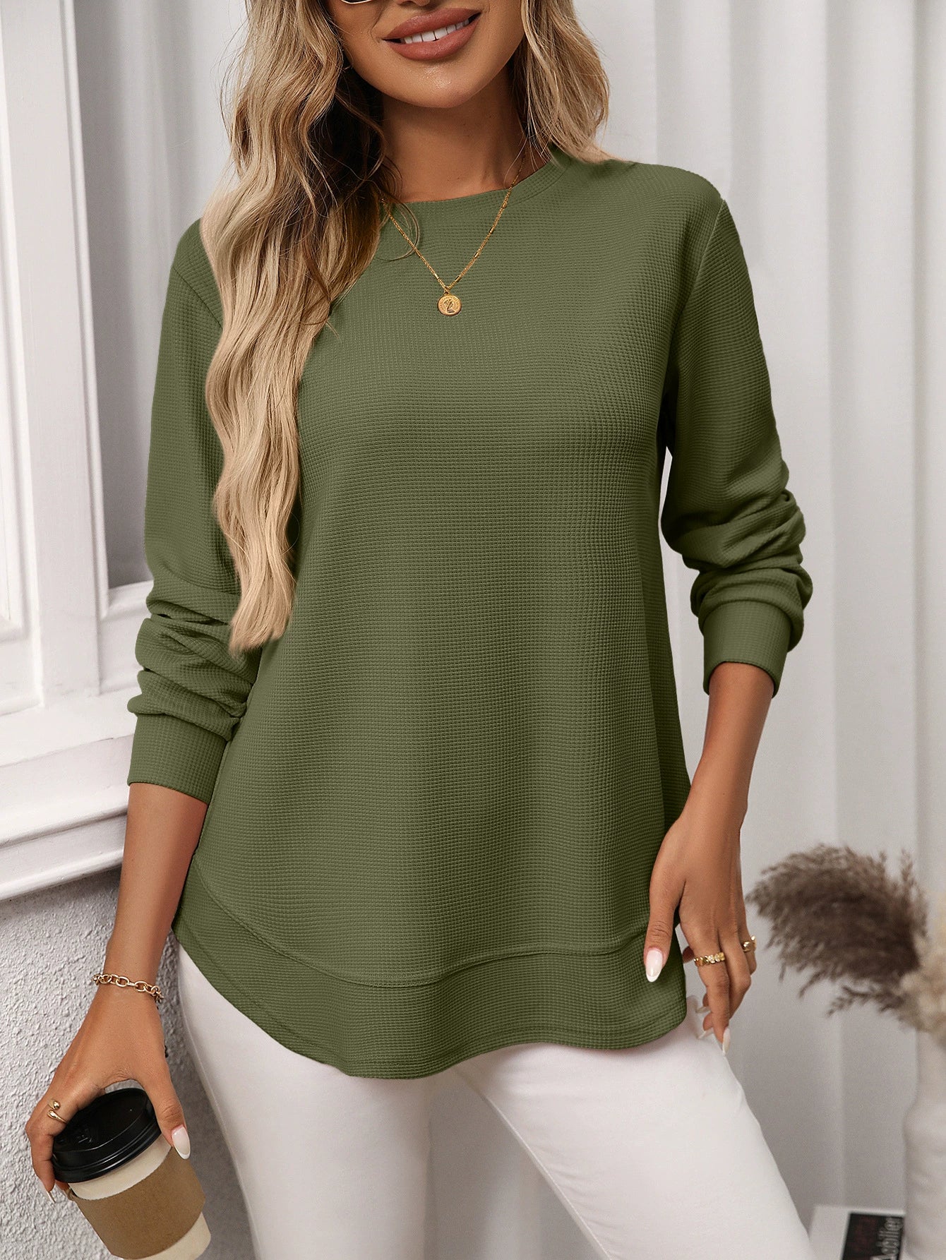 Women's Autumn and Winter New Loose Waffle Casual Versatile T-Shirt Knitted Long Sleeves