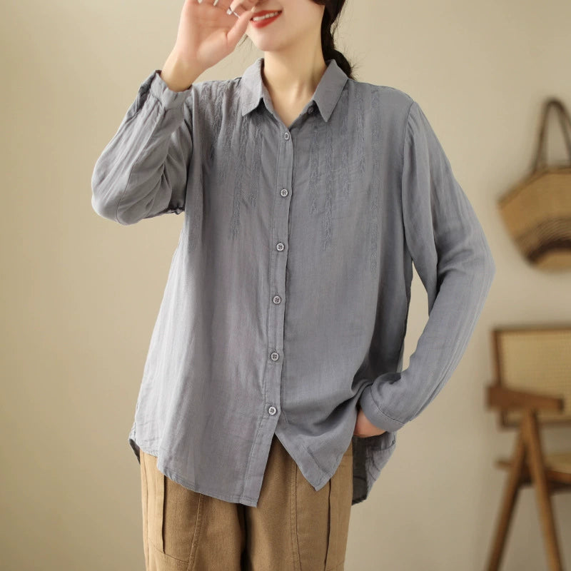 2023 Spring New Loose Ramie Women's Shirt Embroidered Long Sleeve Lapel Design Cotton and Linen Top Thin