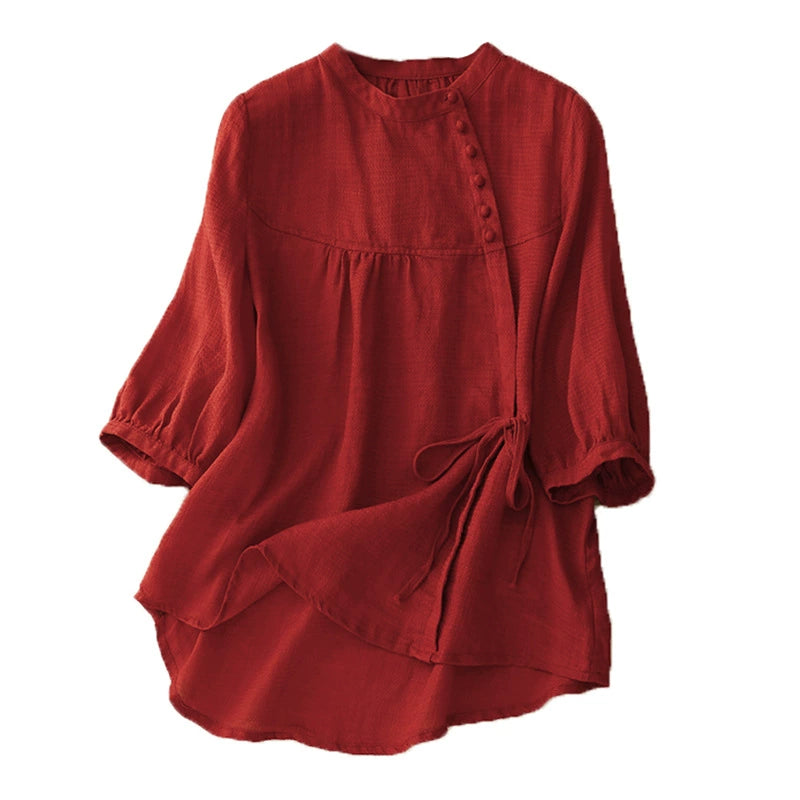 Real Shot of 2025 New French Style Women's Clothing, High-End, Belly-Covering, Slimming Look Top, Puff-Sleeved Cotton and Linen Shirt, Summer