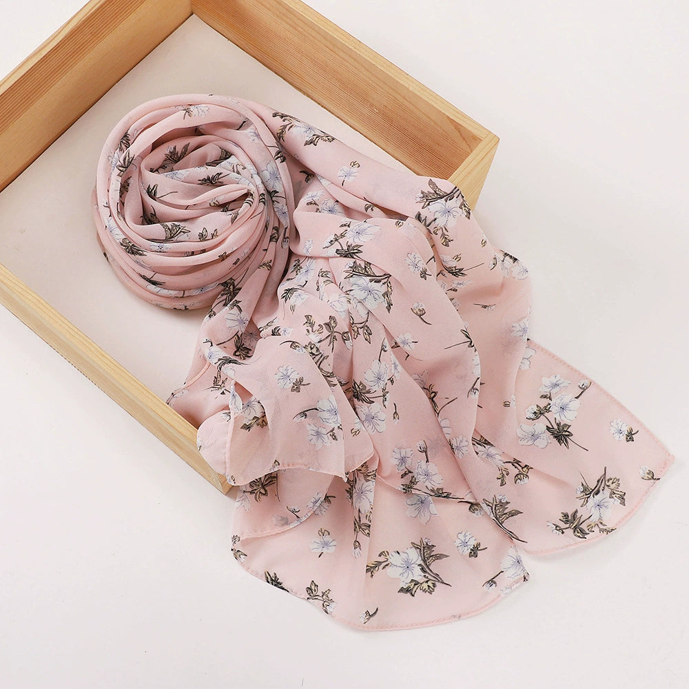 New Malaysian Pearl Chiffon Silk Scarf Rose Print Hijab Hui Turban Gauze Scarf Wholesale